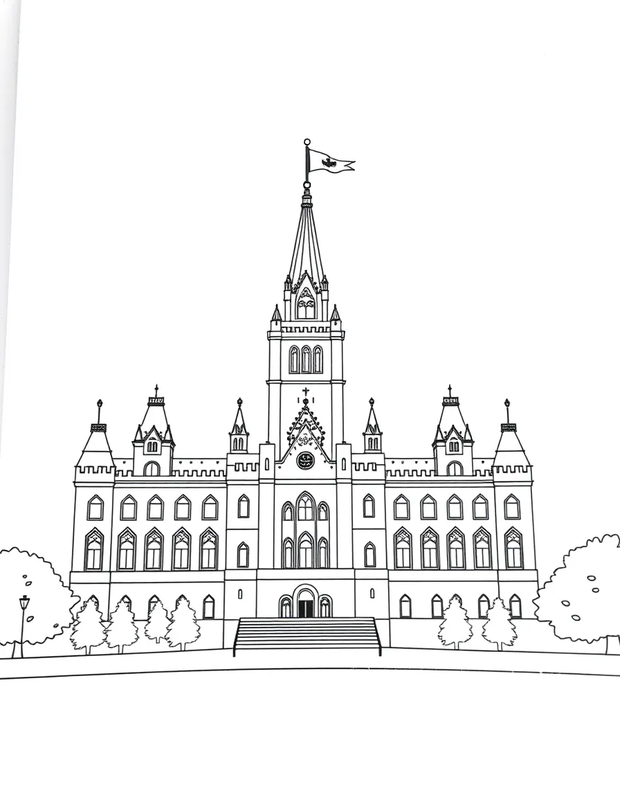 A simple outline of the Parliament Building in Ottawa, with a tiny flag.