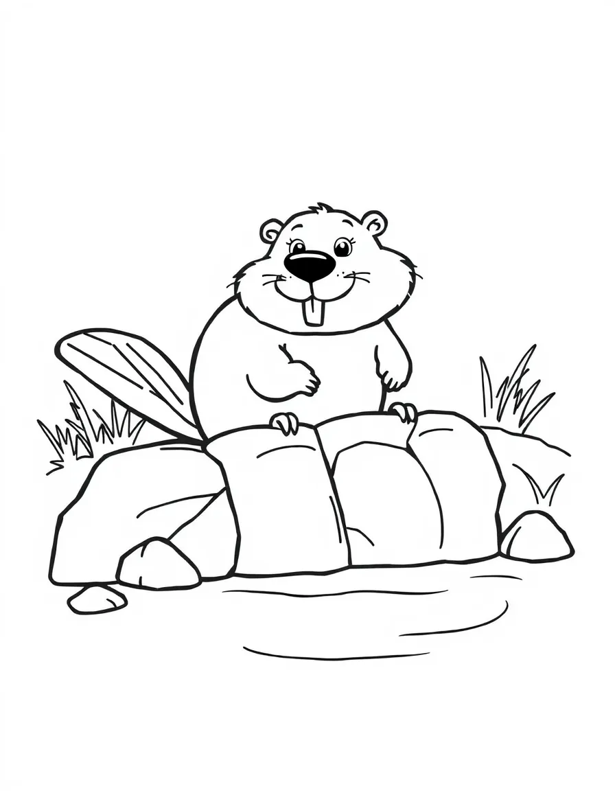 A cartoon-style drawing of a friendly beaver building a dam.