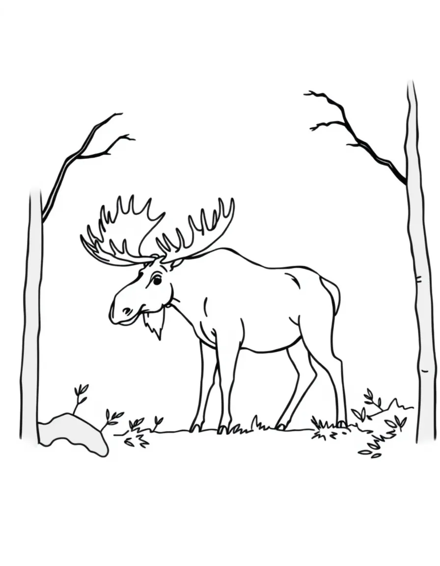 A simple outline of a majestic moose in a forest.