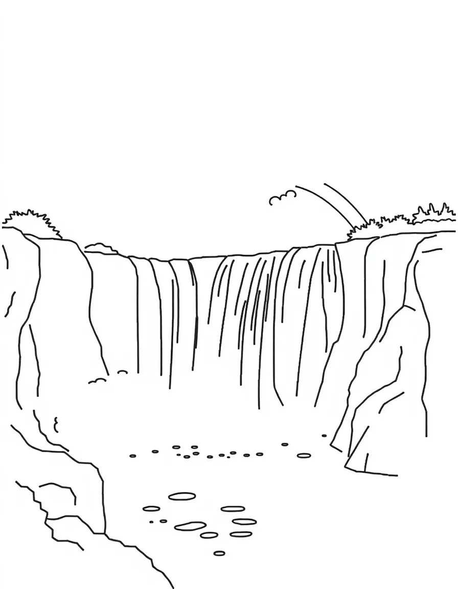 A drawing of a simplified Niagara Falls with a happy rainbow.