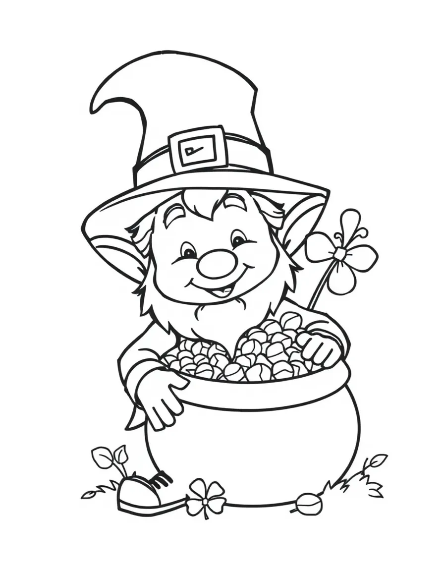 A cartoon-style drawing of a friendly leprechaun hiding a pot of gold.
