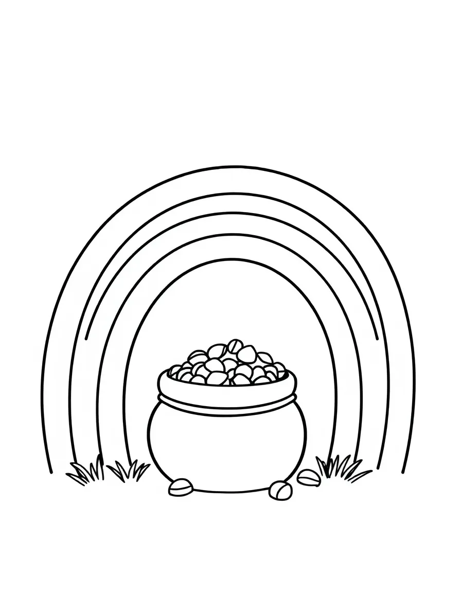 A cute drawing of a rainbow with a pot of gold.