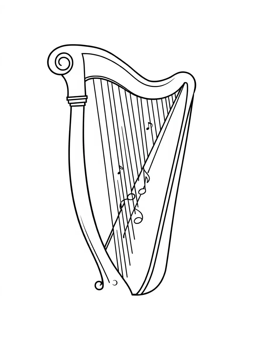 A simple outline of an Irish harp with musical notes.