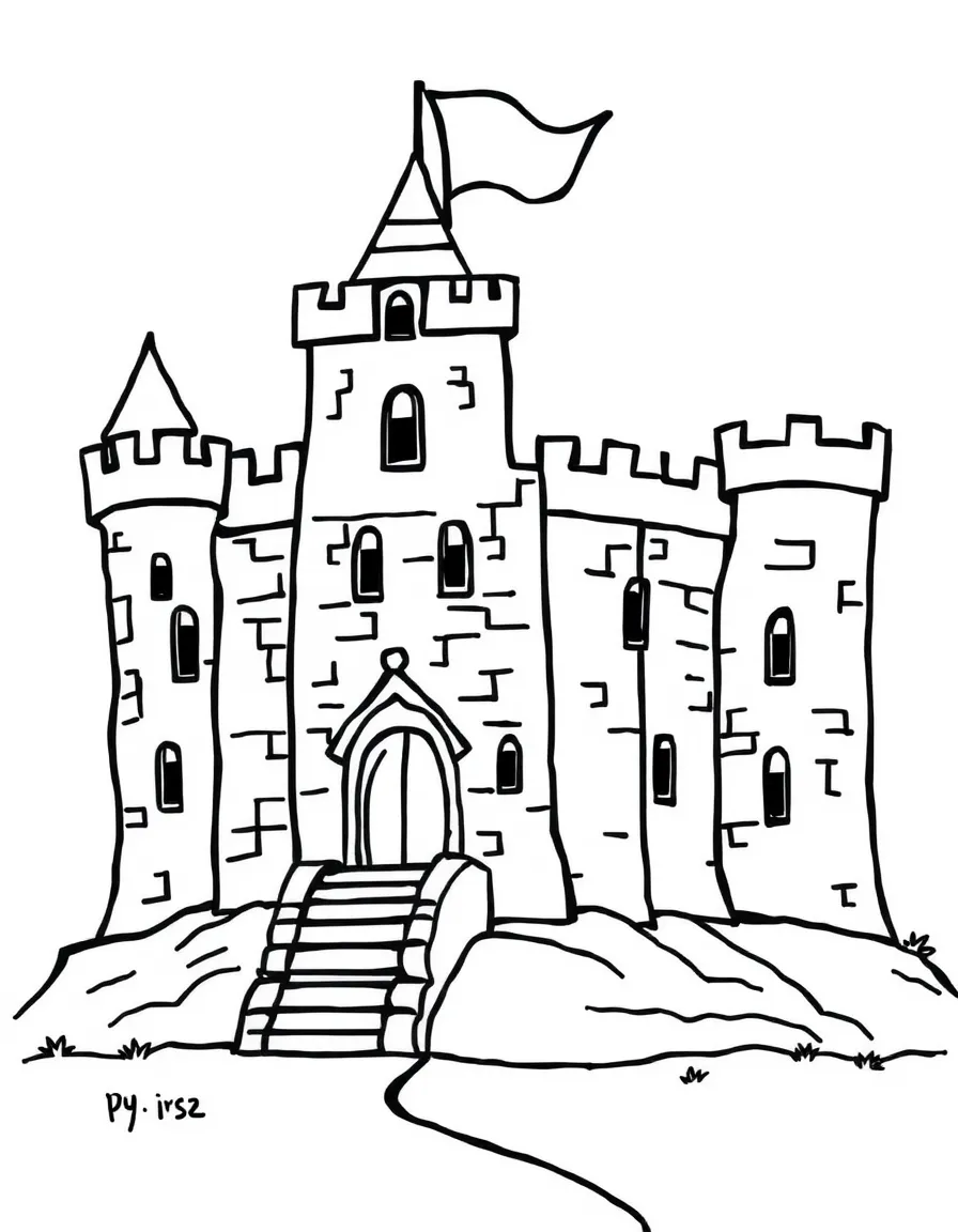 A drawing of a simplified Irish castle with a happy flag.