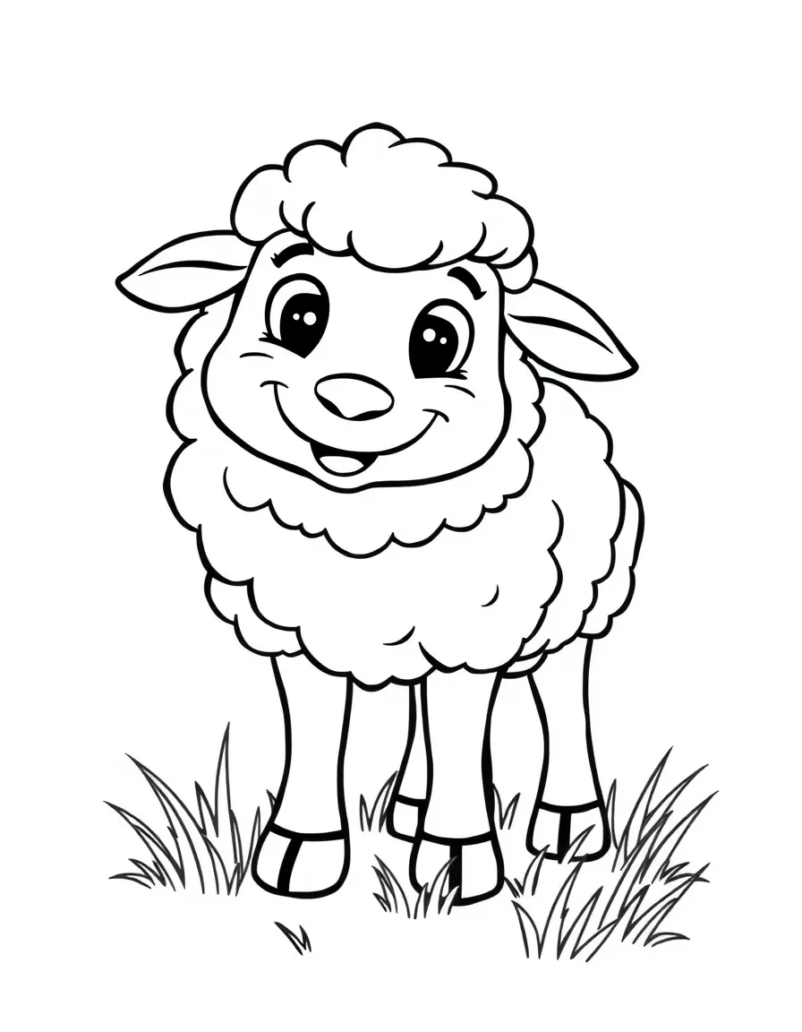 A cartoon-style drawing of a cheerful sheep grazing.