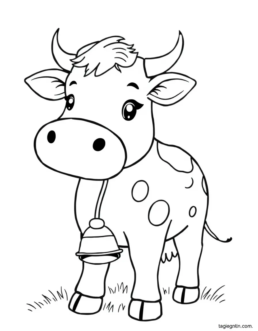 A cute drawing of a Swiss cow with a large bell.