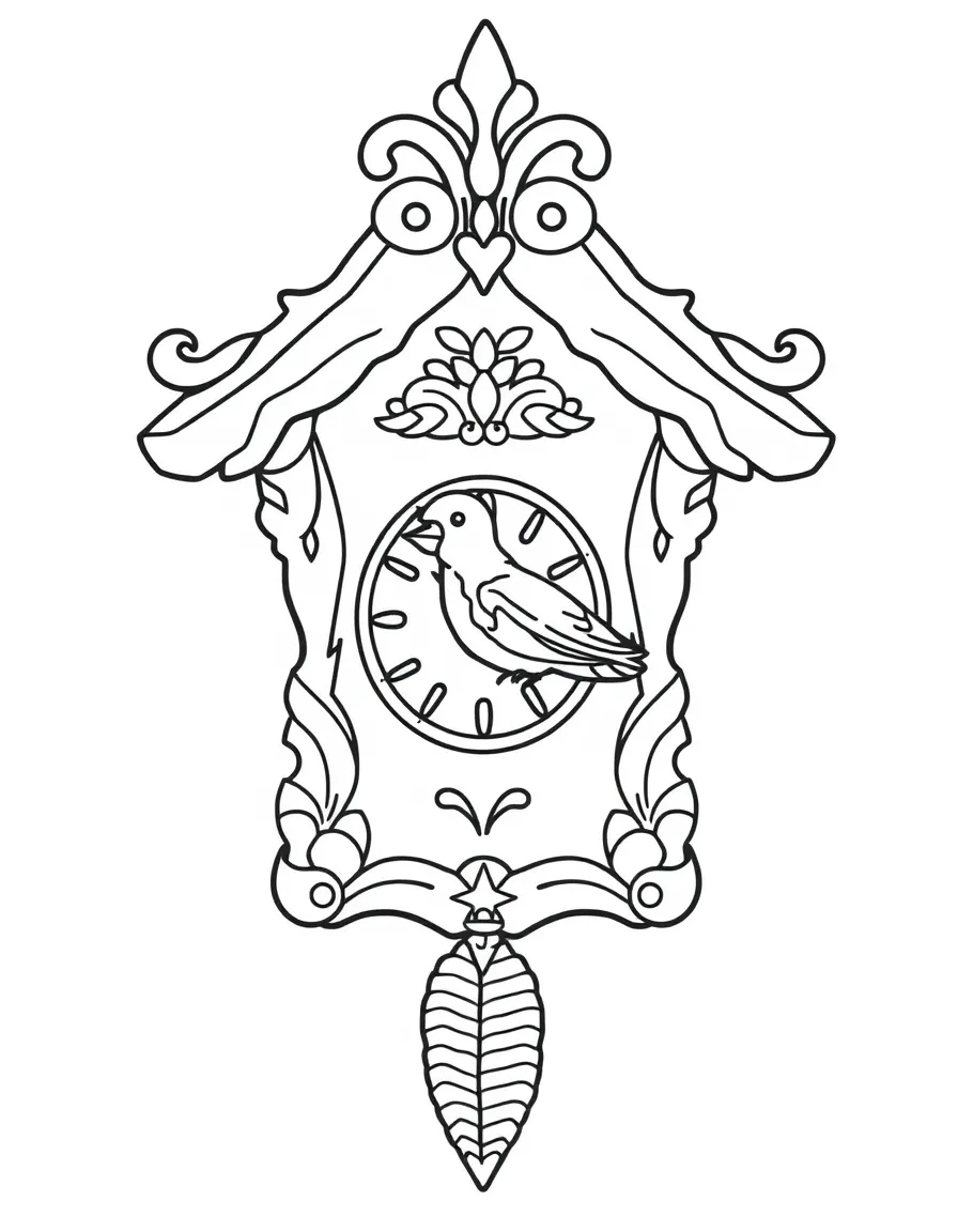 A simple outline of a cuckoo clock with a bird popping out.