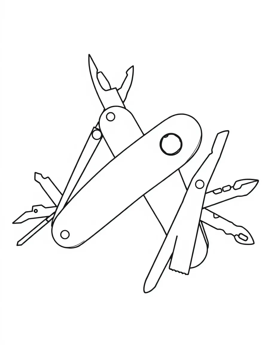 A simplified drawing of a Swiss army knife with open tools.