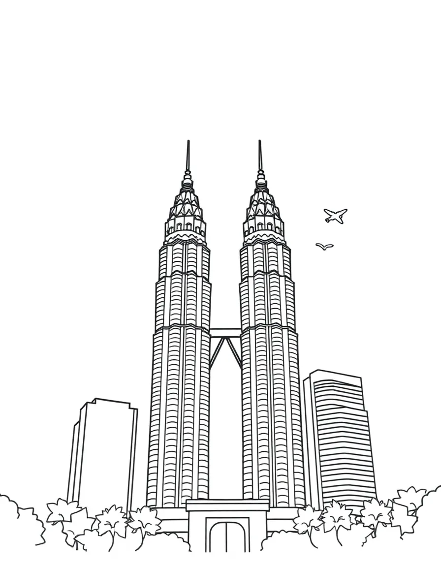 A simple outline of the Petronas Towers in Kuala Lumpur, with a tiny airplane.