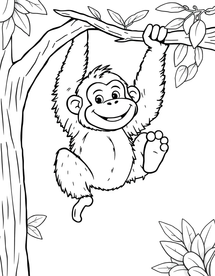 A cartoon-style drawing of a friendly orangutan swinging.