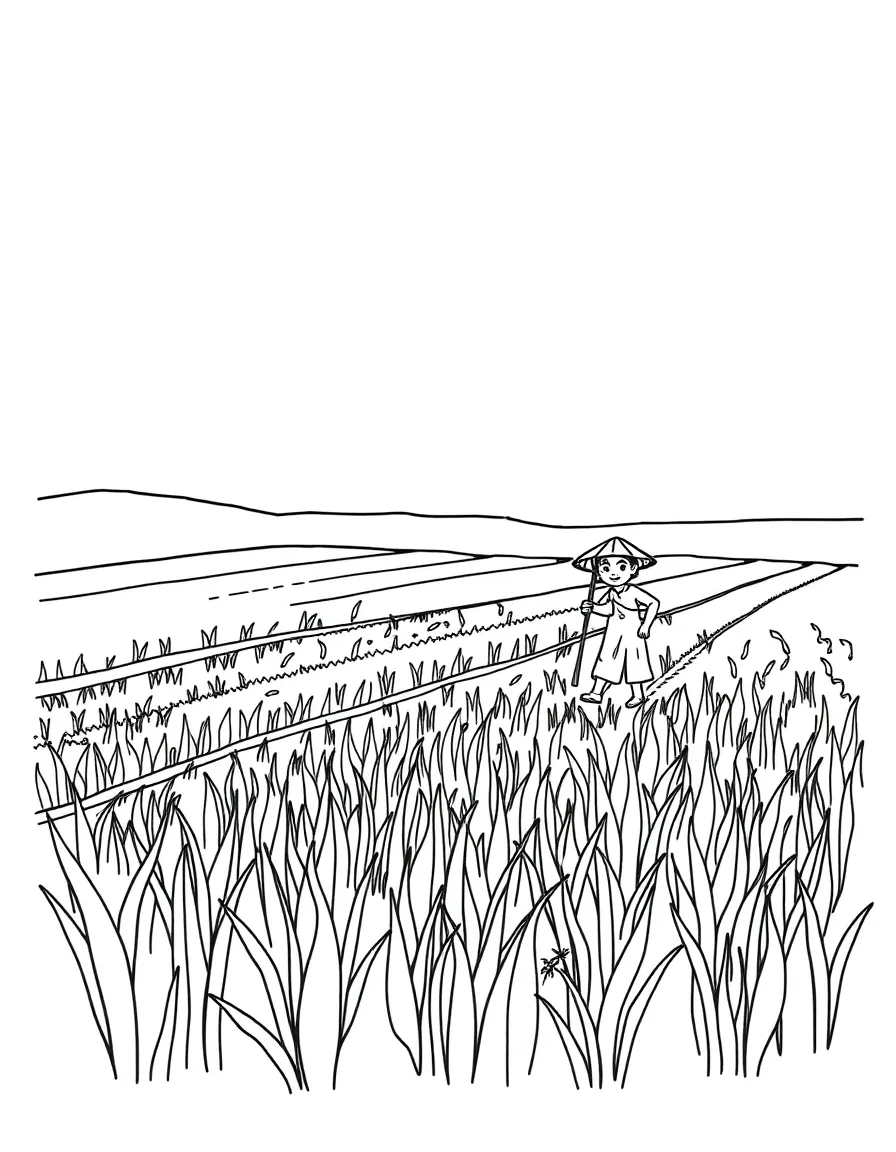A simple outline of a rice paddy field with happy farmers.