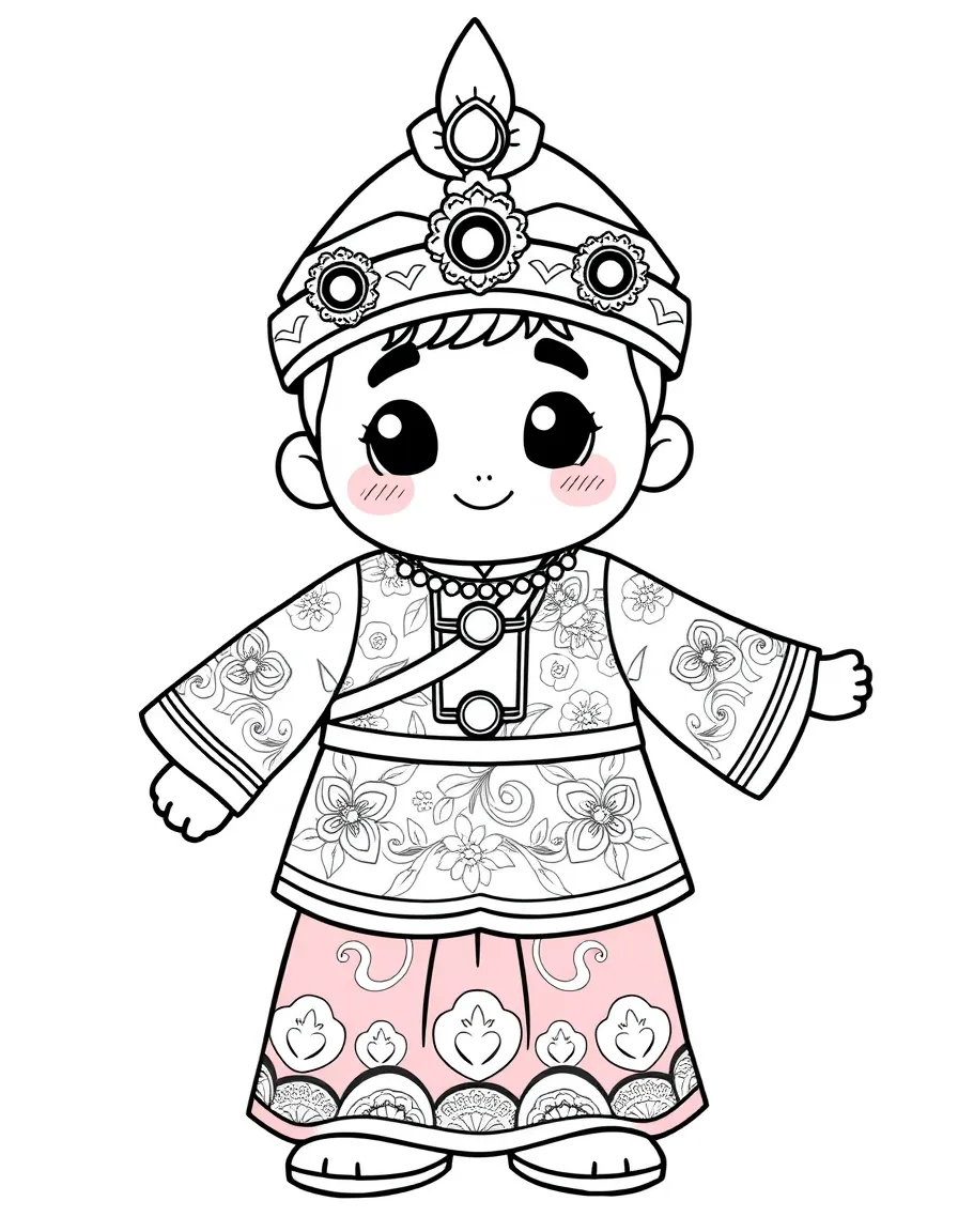 A cartoon-style drawing of a colorful traditional Malaysian costume.