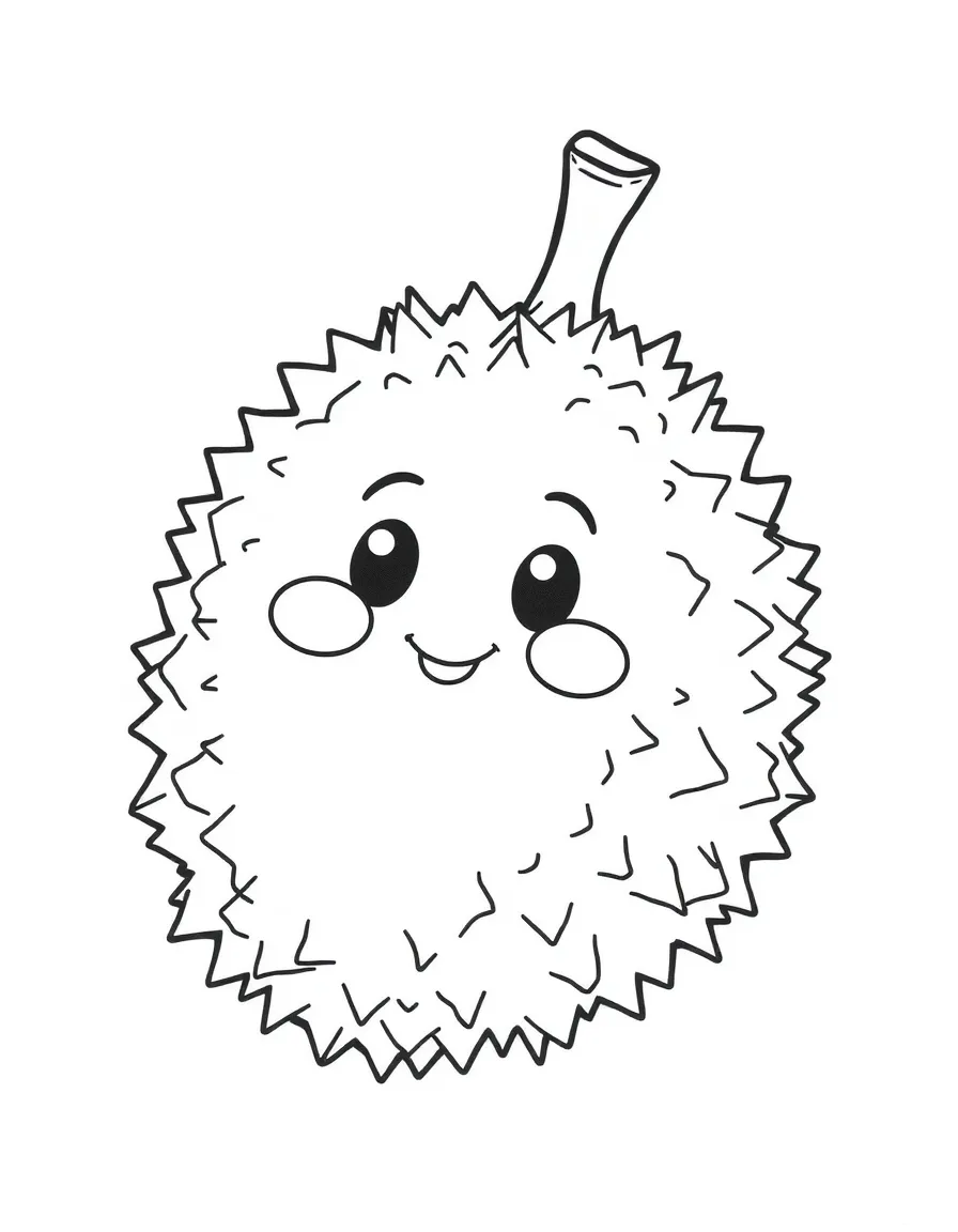 A simplified drawing of a tropical fruit (durian) with a happy face.