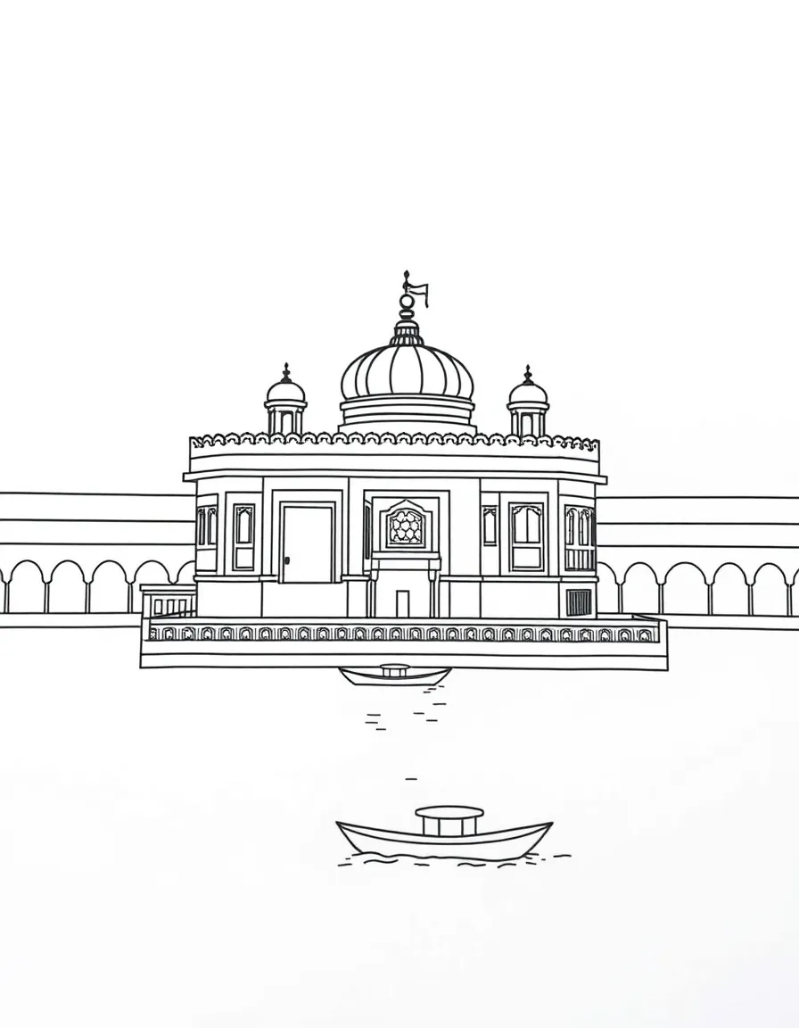 A simple outline of the Golden Temple in Amritsar, India, with a tiny boat.