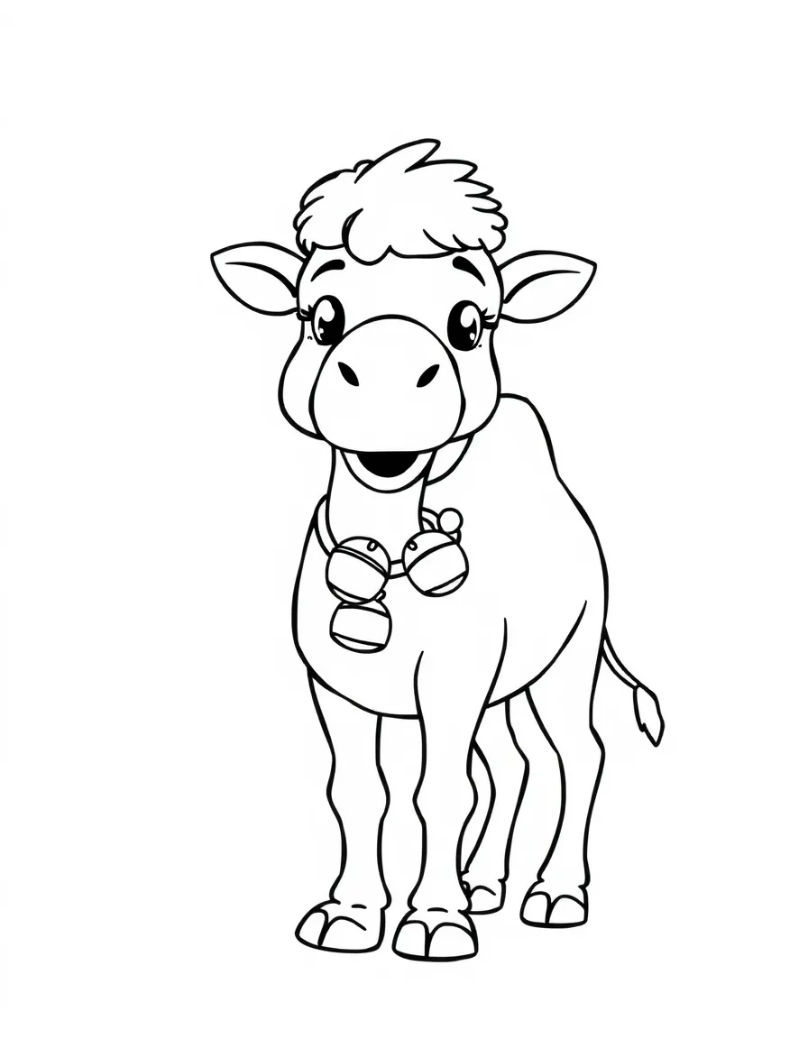 A cartoon-style drawing of a friendly camel wearing bells.