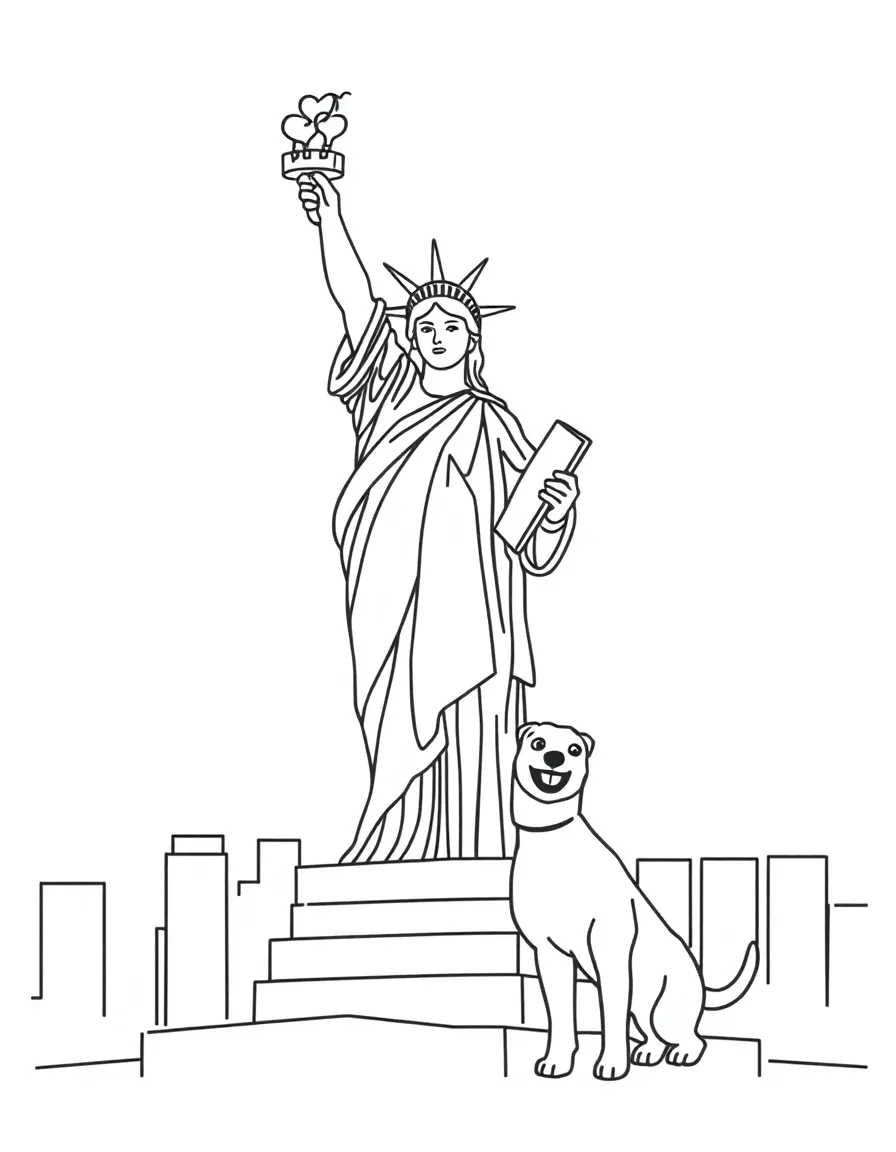 A simple outline of the Statue of Liberty in New York, with a happy dog.