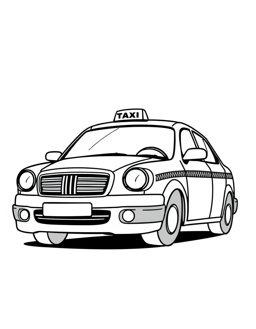 A cartoon-style drawing of a big yellow taxi cab.