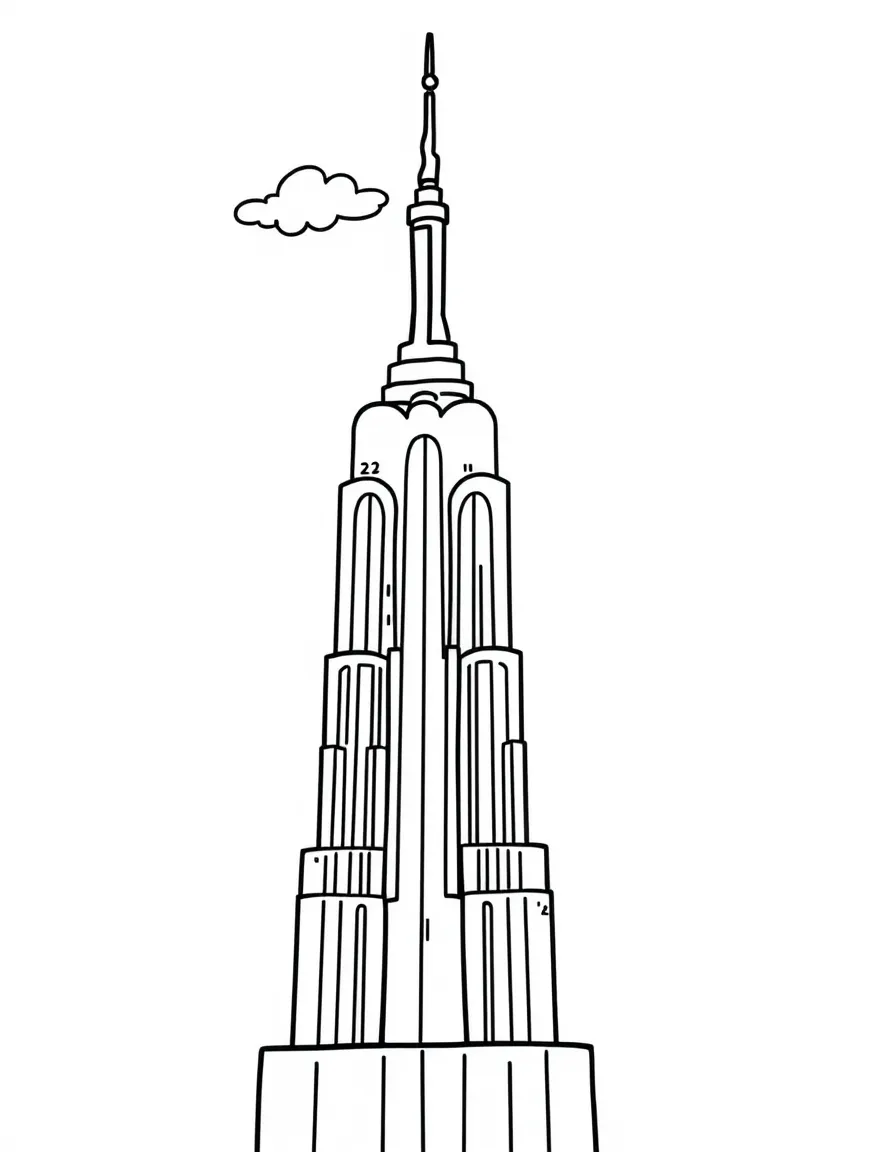 A simplified drawing of the Empire State Building with a happy cloud.