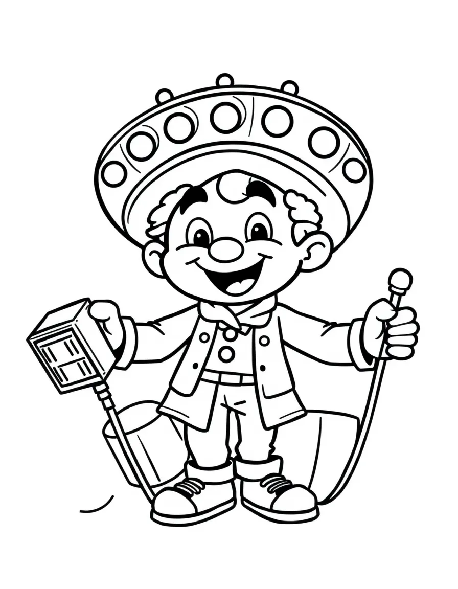 A cartoon-style drawing of a cheerful street performer.