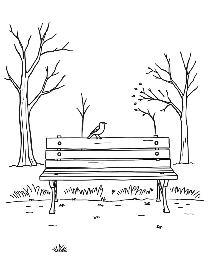 A simplified drawing of a Central Park bench with a bird.