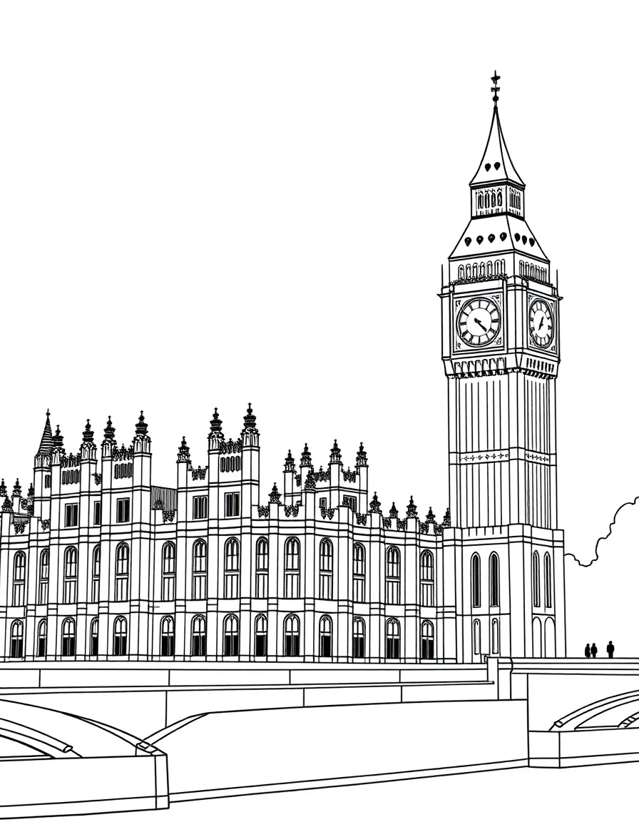 A simple outline of the Houses of Parliament and Big Ben, London, UK.
