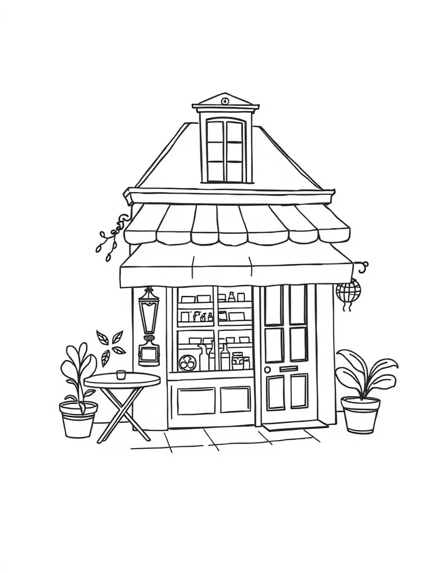 A cute drawing of a small French cafe.