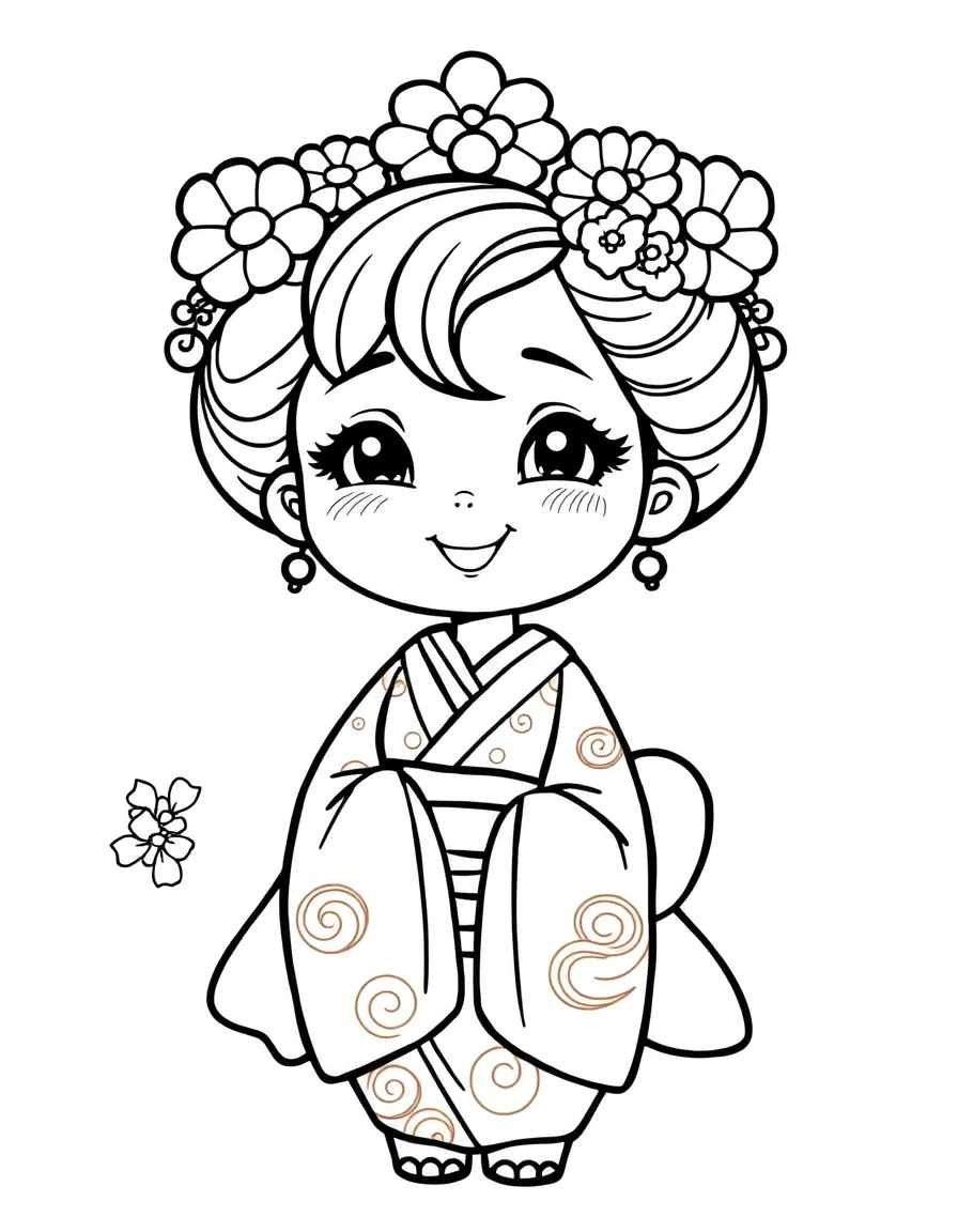 A cartoon-style drawing of a cheerful geisha.