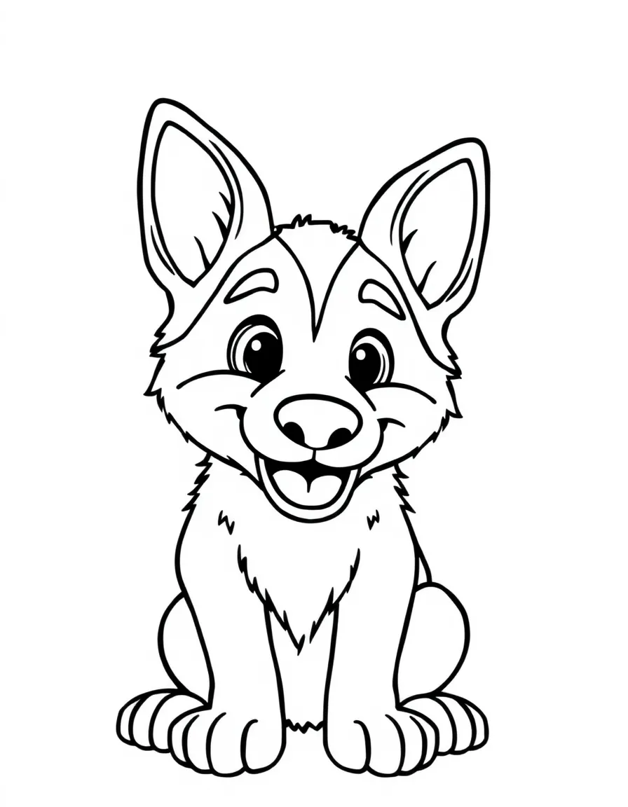 A cartoon-style drawing of a friendly German shepherd.