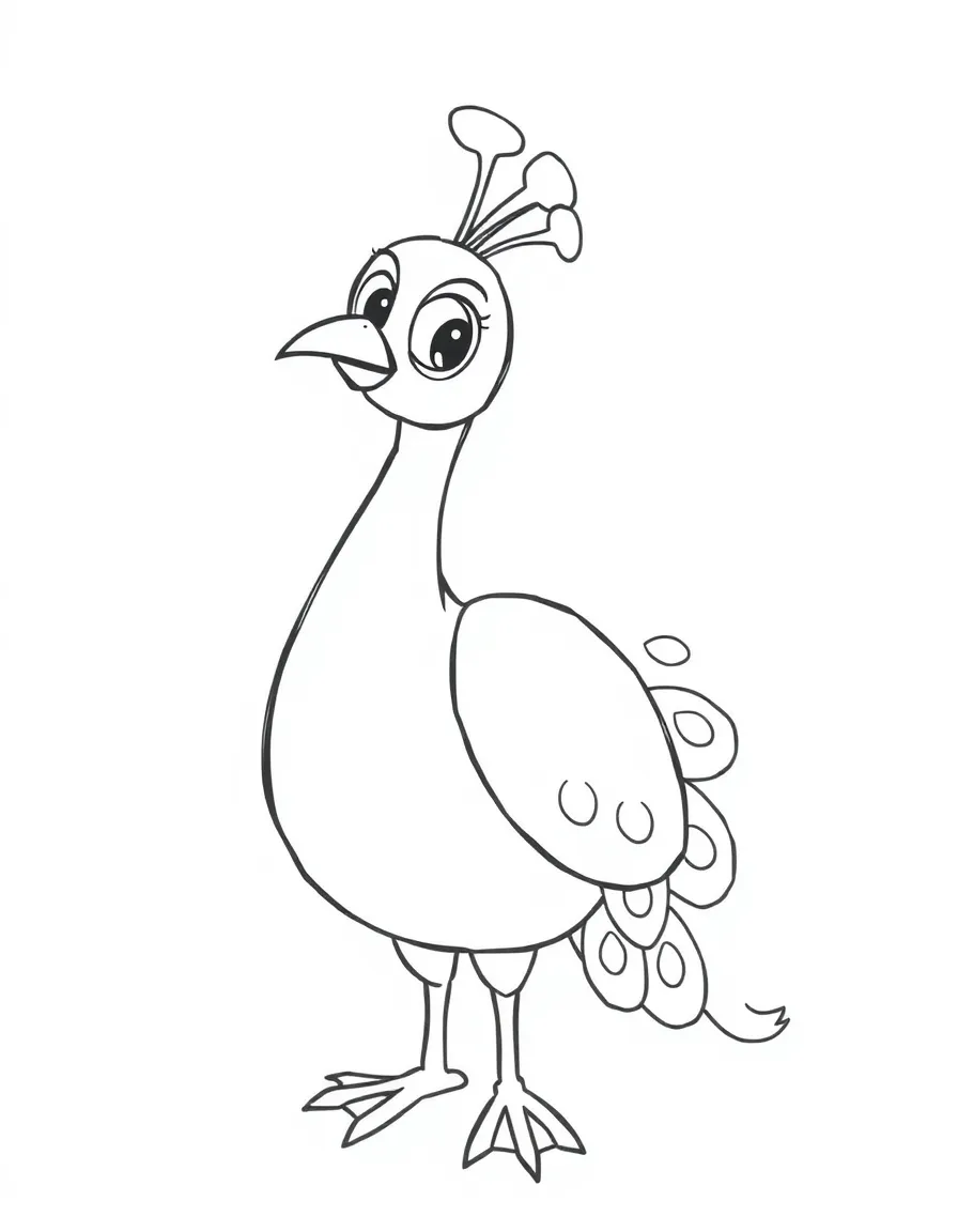 A cartoon-style drawing of a cheerful peacock.