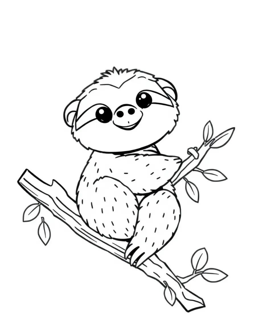 A cartoon-style drawing of a friendly sloth on a branch.