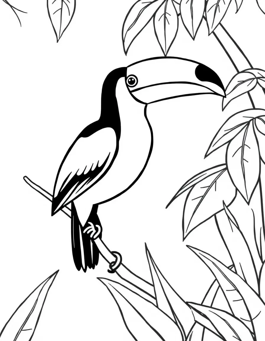 A simplified drawing of a toucan in a jungle.