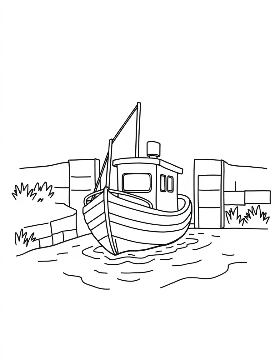 A cute drawing of a boat going through a lock.