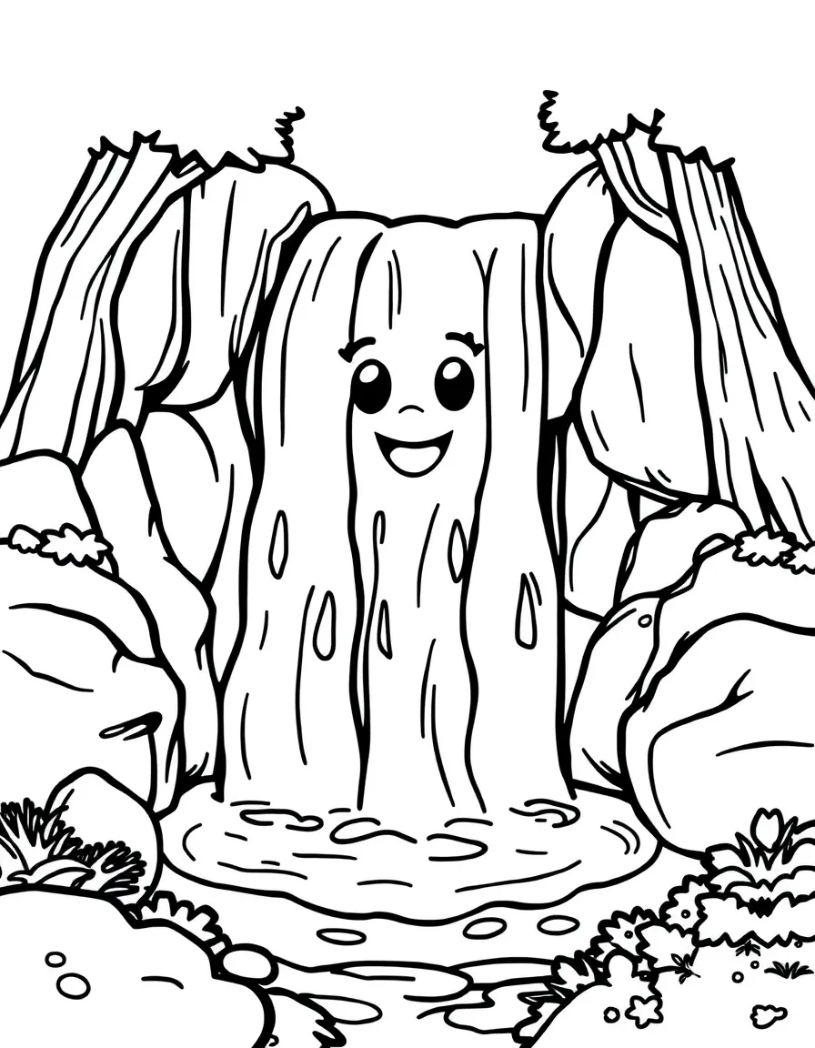 A cartoon-style drawing of a cheerful waterfall.