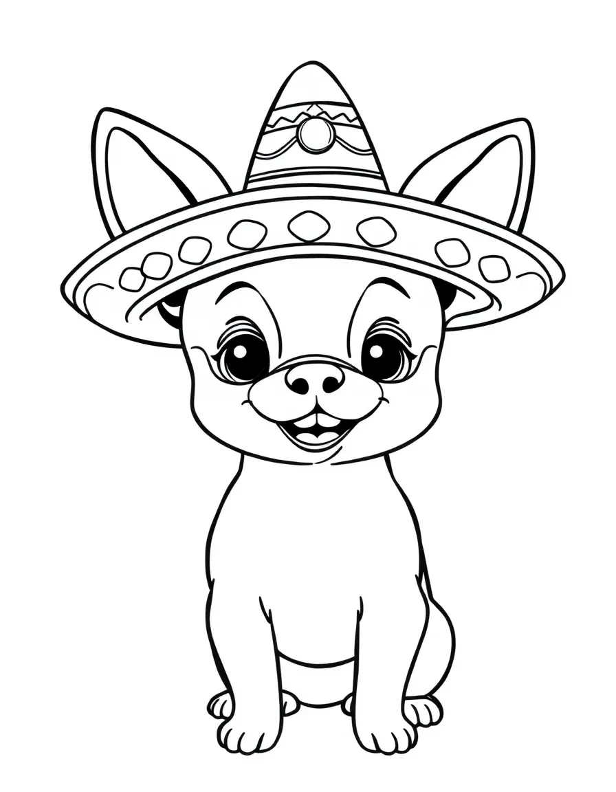 A cartoon-style drawing of a friendly chihuahua with a sombrero.