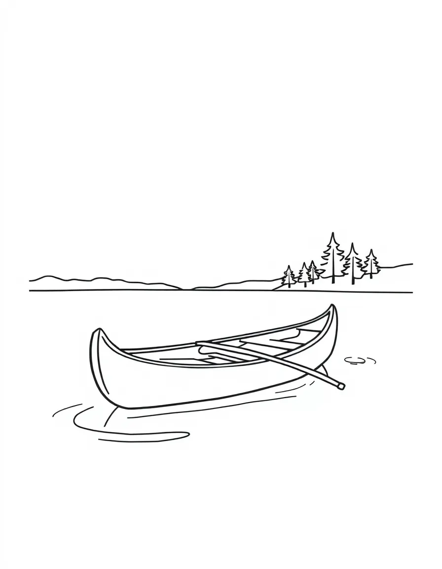 A simplified drawing of a canoe on a lake.