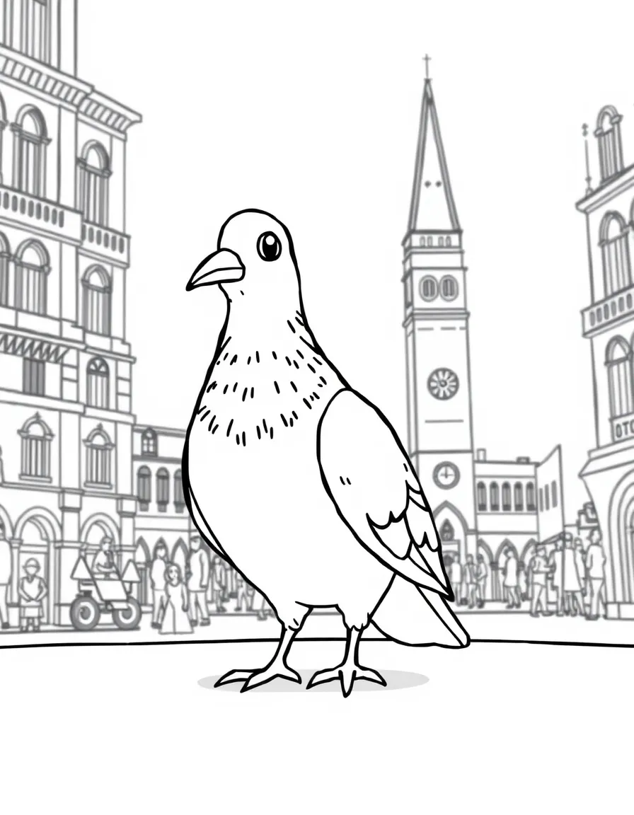 A cartoon-style drawing of a friendly pigeon in St. Mark's Square.