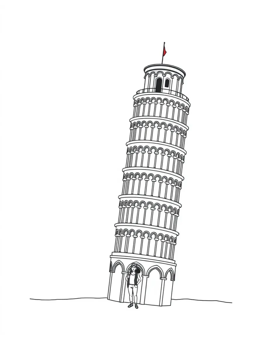 A simple outline of the Leaning Tower of Pisa, Italy, with a happy tourist.