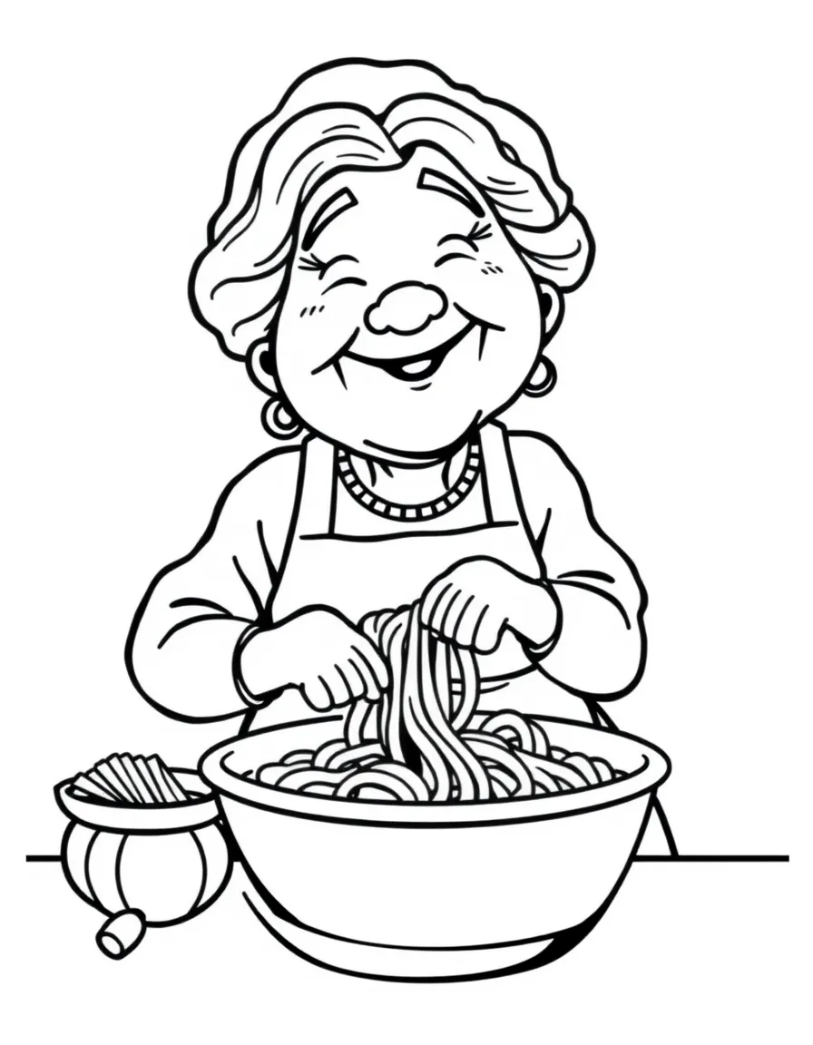 A cartoon-style drawing of a friendly Italian nonna (grandma) making pasta.