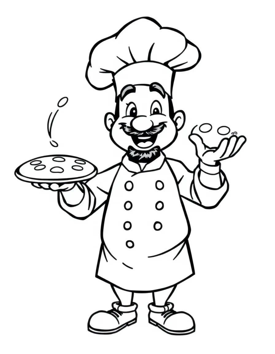 A cartoon-style drawing of a cheerful Italian chef tossing pizza dough.