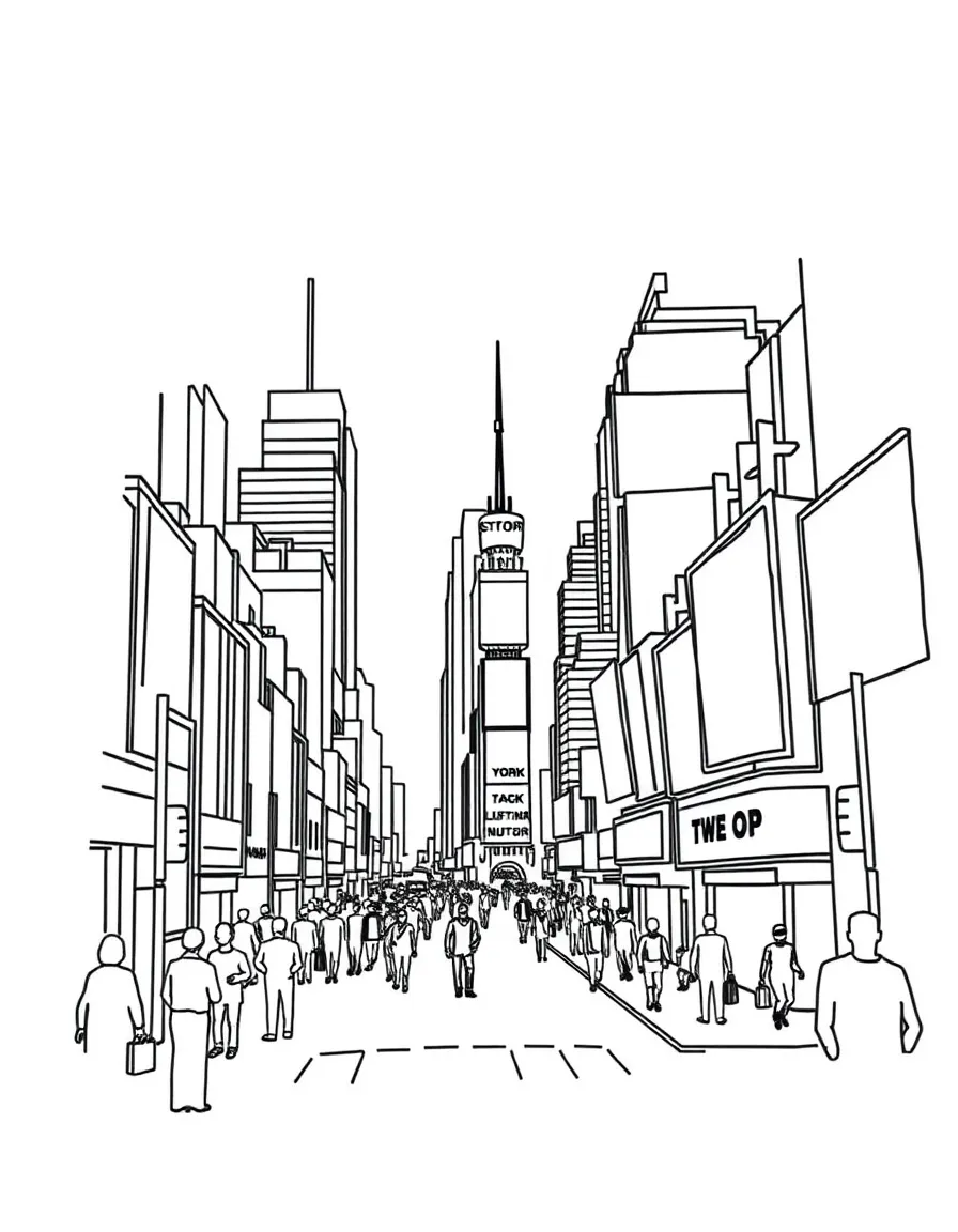 A simple outline of Times Square, New York, with bright lights.