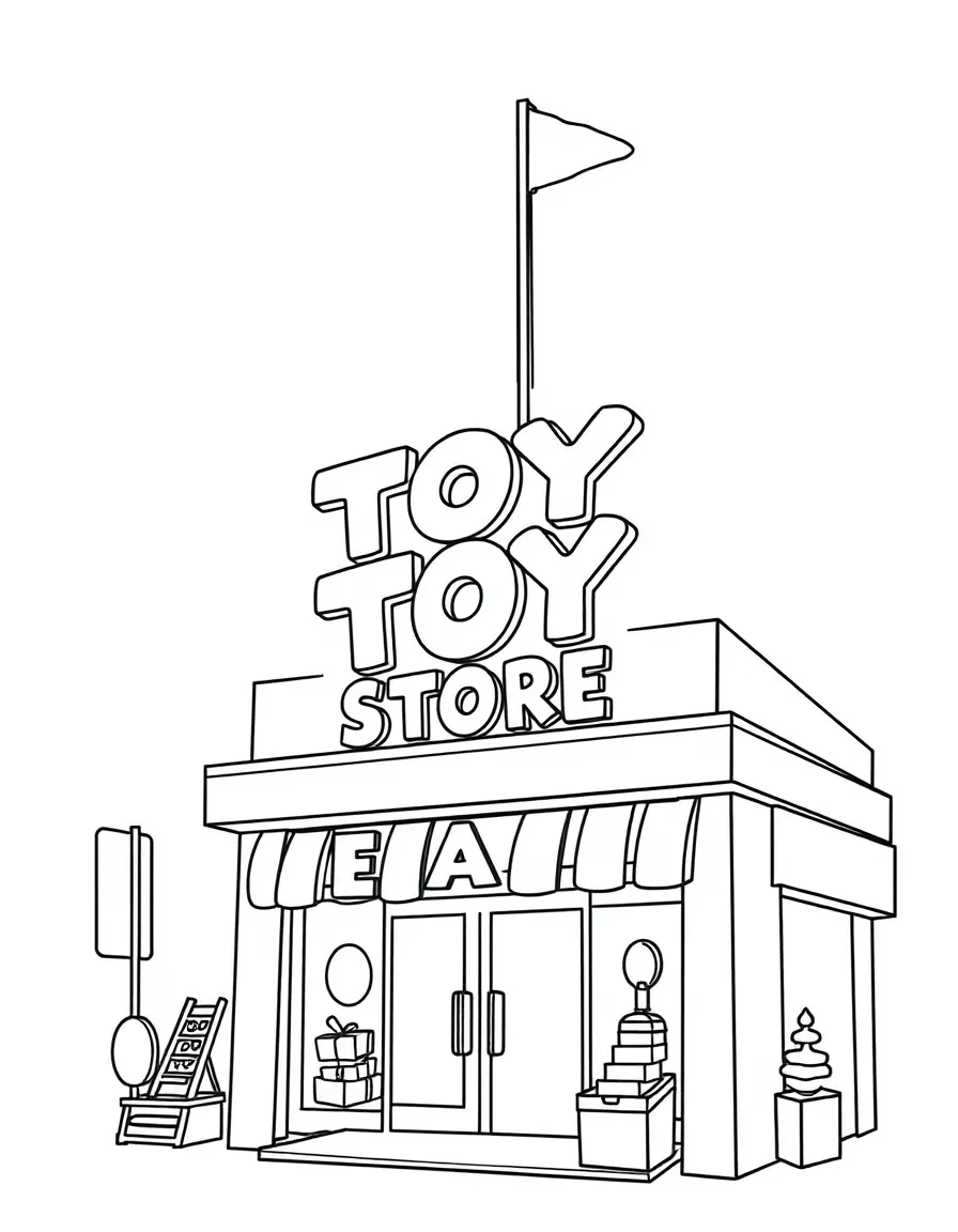 A cute drawing of a giant toy store sign.