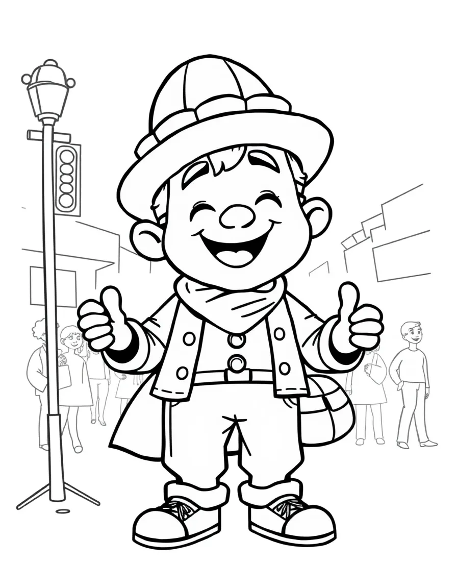 A cartoon-style drawing of a cheerful street performer.