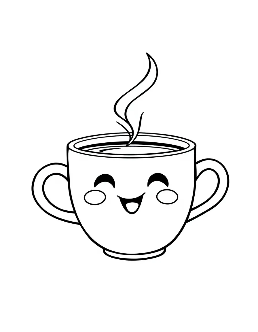 A cartoon-style drawing of a friendly coffee cup with steam.
