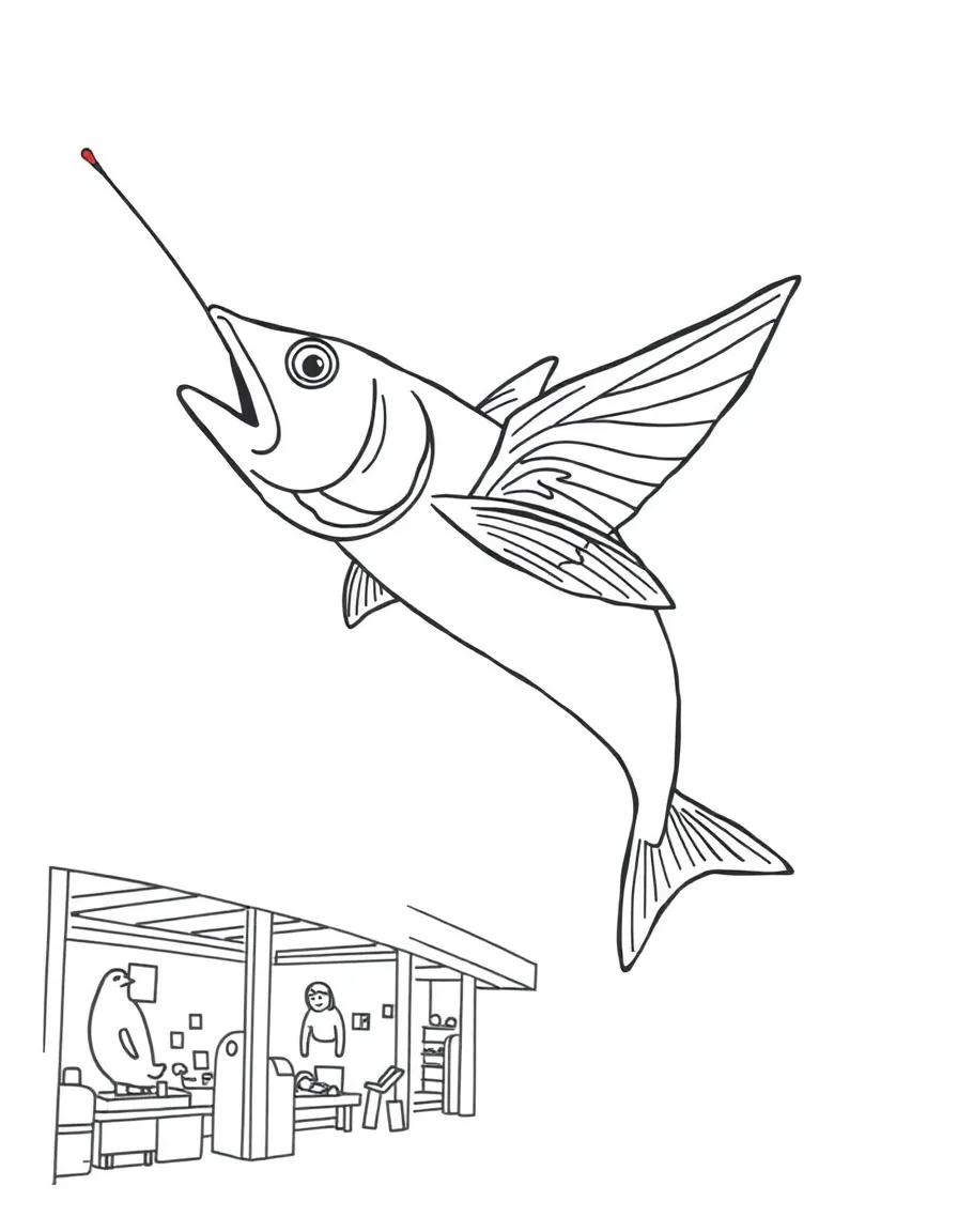 A simplified drawing of a flying fish at Pike Place Market.