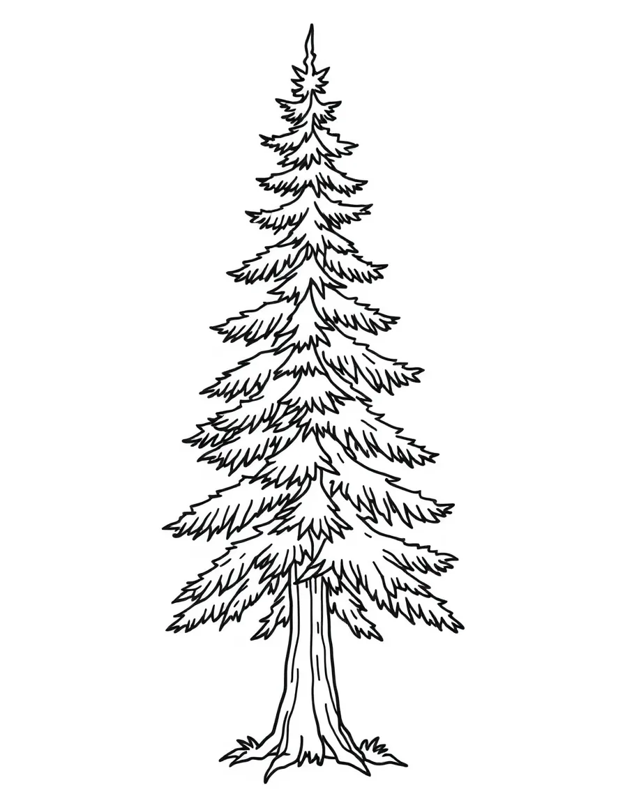 A simple outline of a tall evergreen tree.