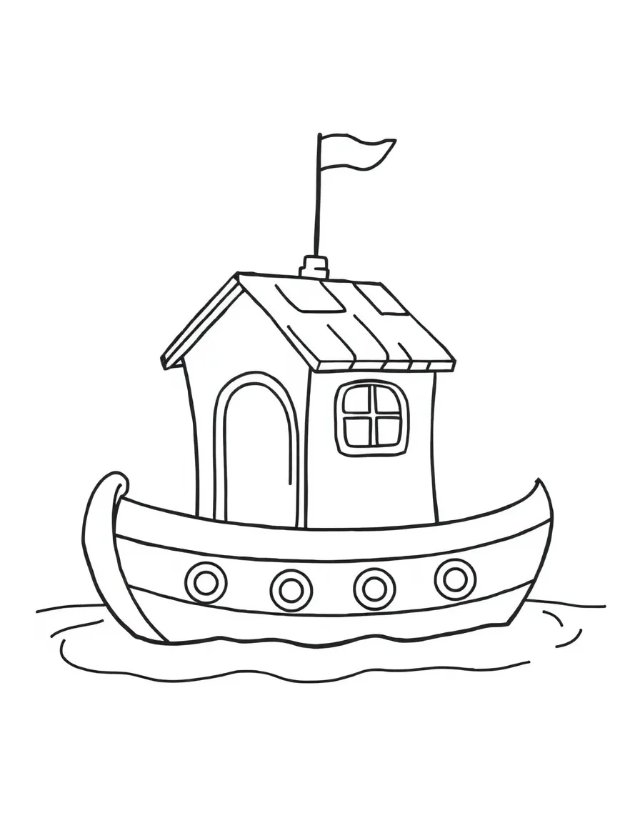 A cute drawing of a small houseboat.