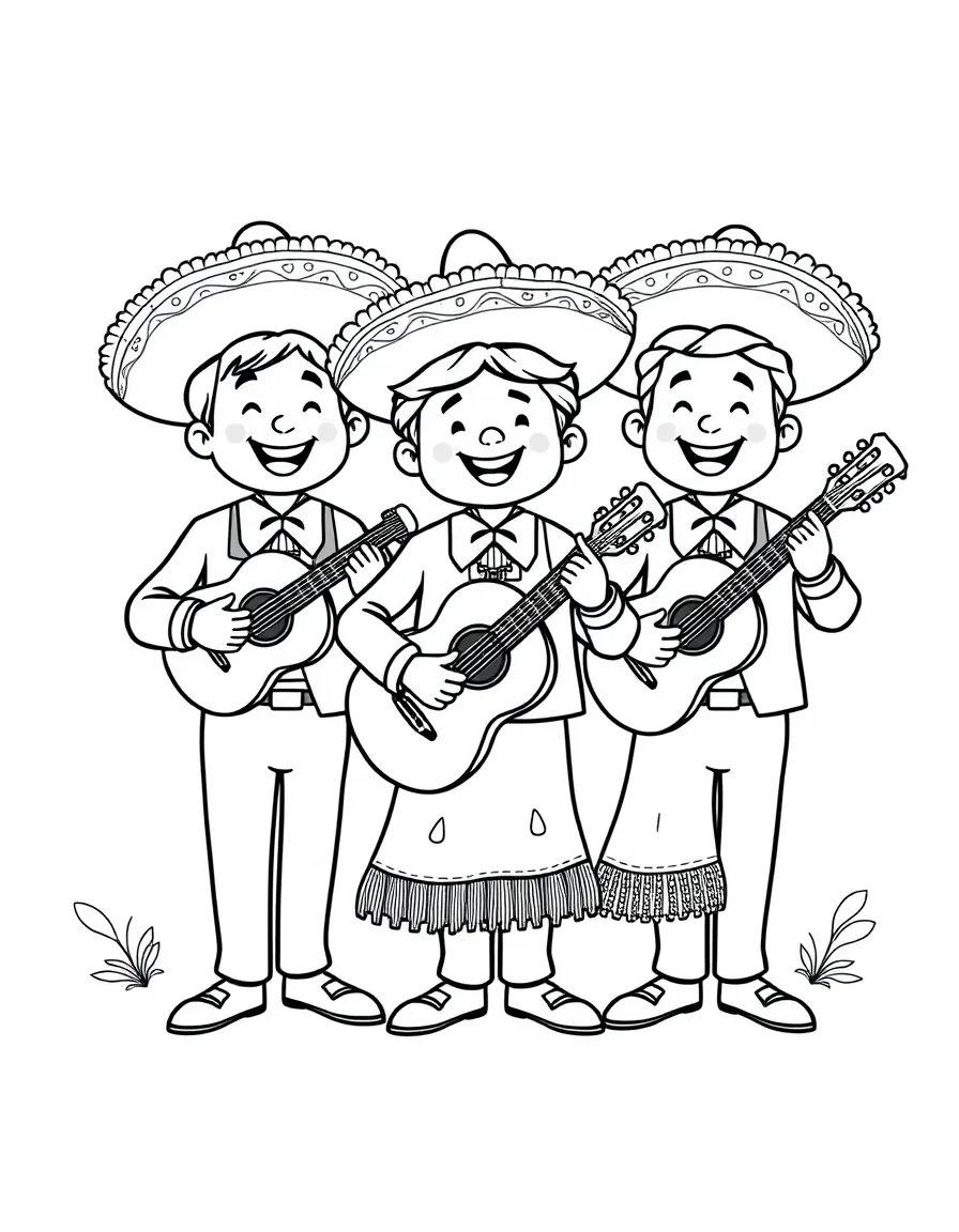 A cartoon-style drawing of a cheerful mariachi band.