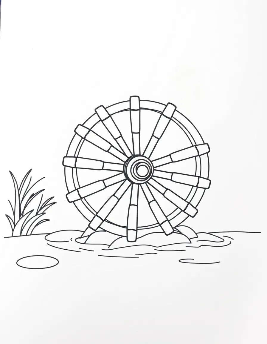 A simple outline of a river paddle wheel.