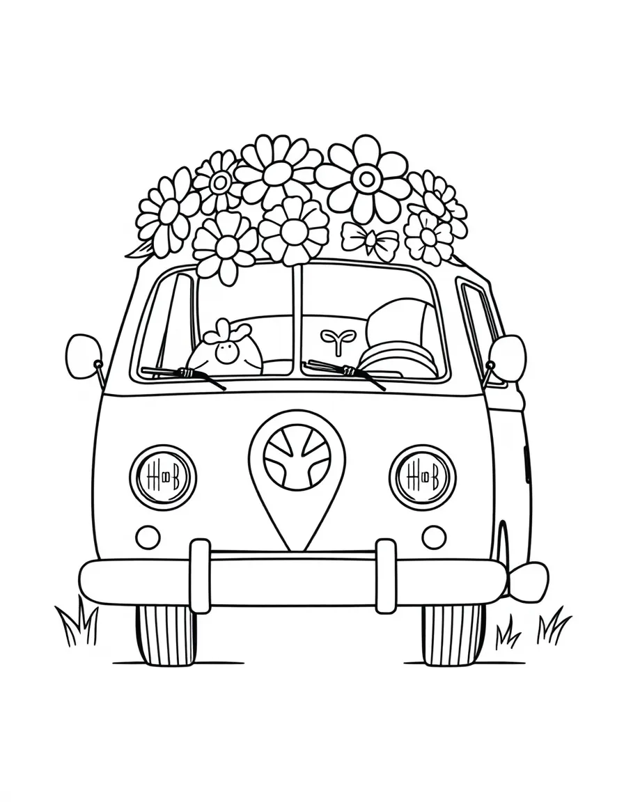 A cartoon-style drawing of a cheerful flower power van.