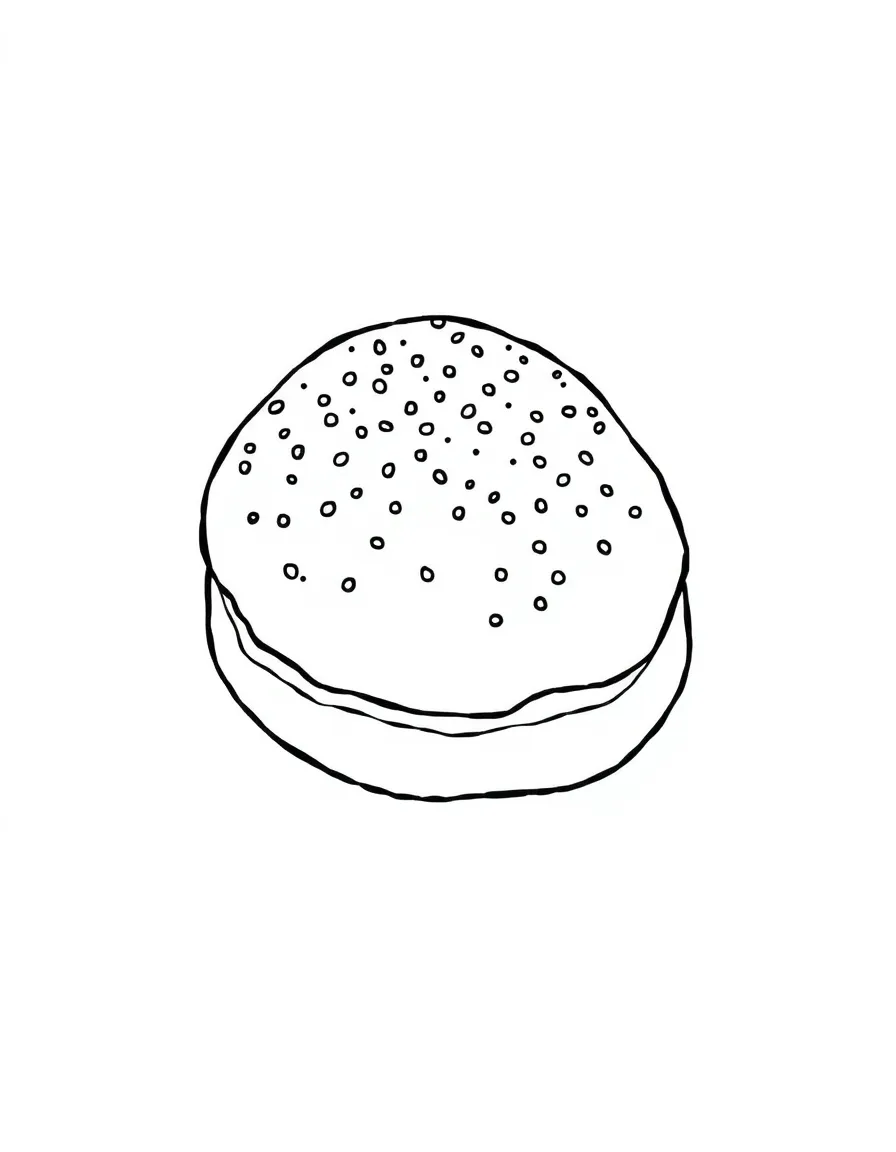 A cute drawing of a delicious beignet with powdered sugar.